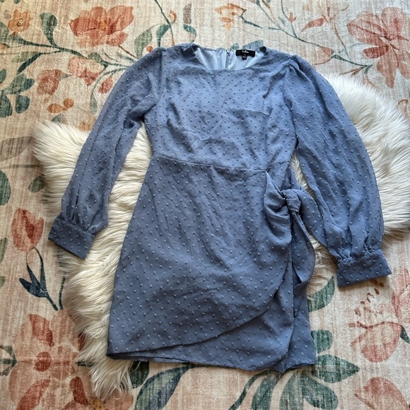 LULU’S Much Love Light Blue Swiss Dott Long Sleeve Tie-Front Mini Dress - Picture 5 of 7